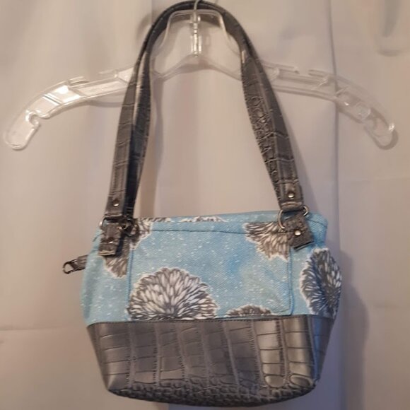 New Vinyl Double handle Shoulder Satchel Bag Purse Blue Gray Dandelion Floral - Picture 3 of 14